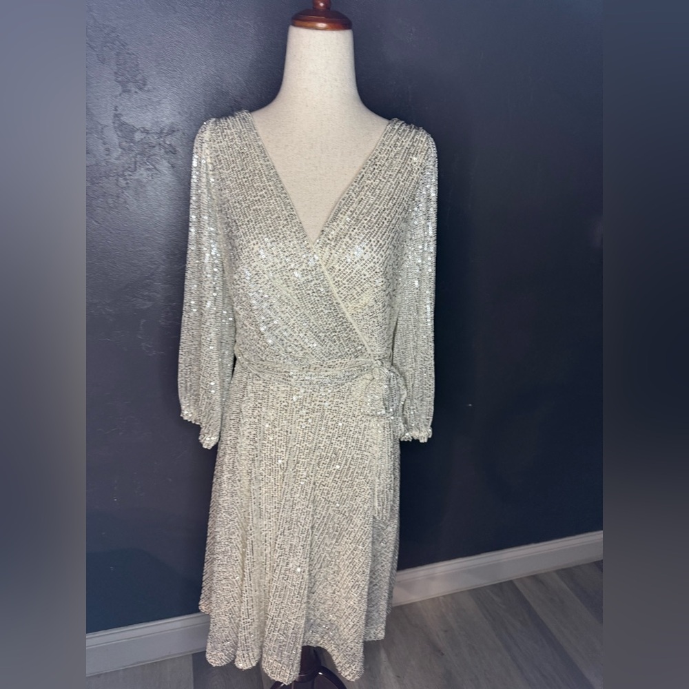 DKNY Silver Sequin Long Sleeve Dress